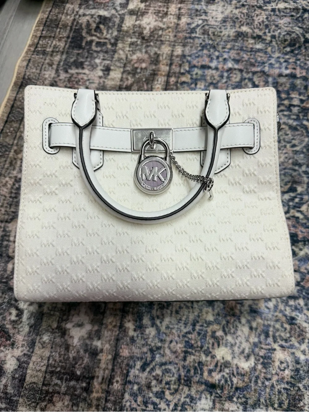Michael Kors White Monogram Satchel with Silver Hardware